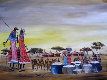 African Painting - Maasai Women with Baskets and Goats from Africa